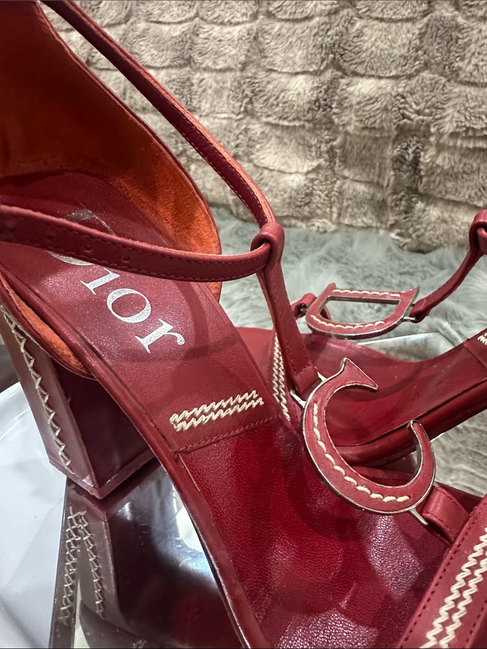 RARE DIOR C D logo Red T-Strap Block Heel dress shoes with white stitching 4’ - Picture 10 of 14